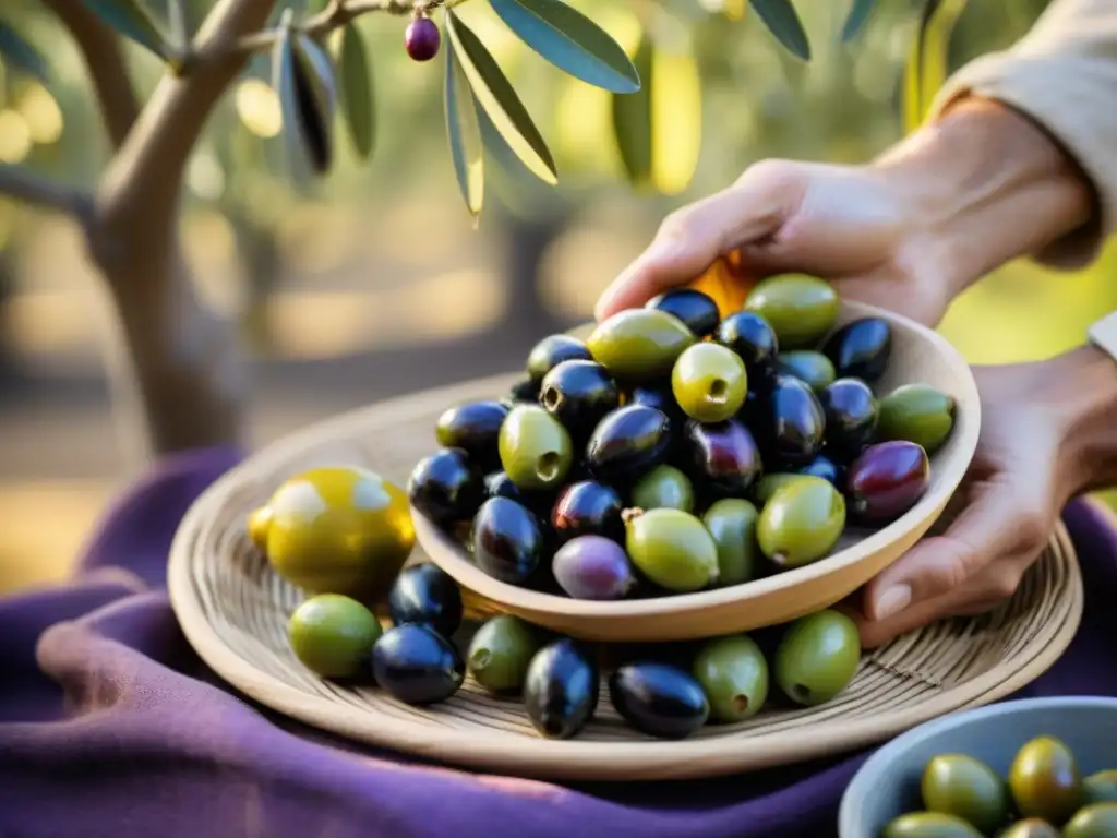 Manos cosechando aceitunas frescas en un olivar italiano, con beneficios aceite oliva cocina italiana