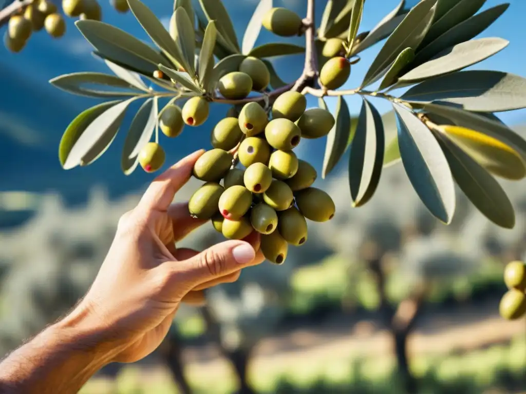 Manos recolectando aceitunas maduras en un olivar mediterráneo soleado, evocando frescura y tradición