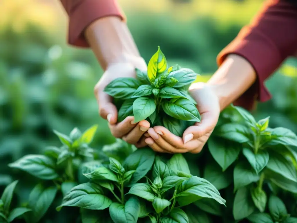 Manos cosechando albahaca fresca bajo el sol, reflejando usos culinarios de la albahaca