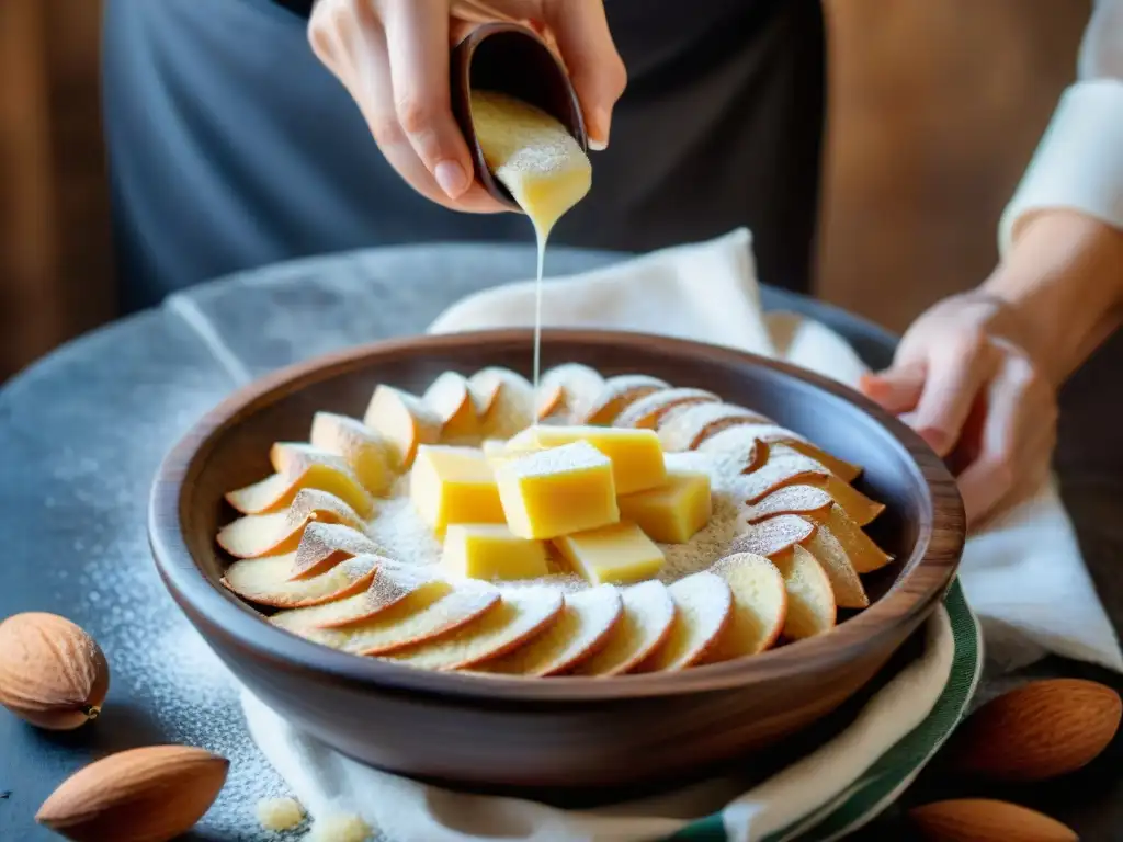 Manos espolvoreando almendras en masa para receta de sbrisolona de almendras en cuenco rústico de madera