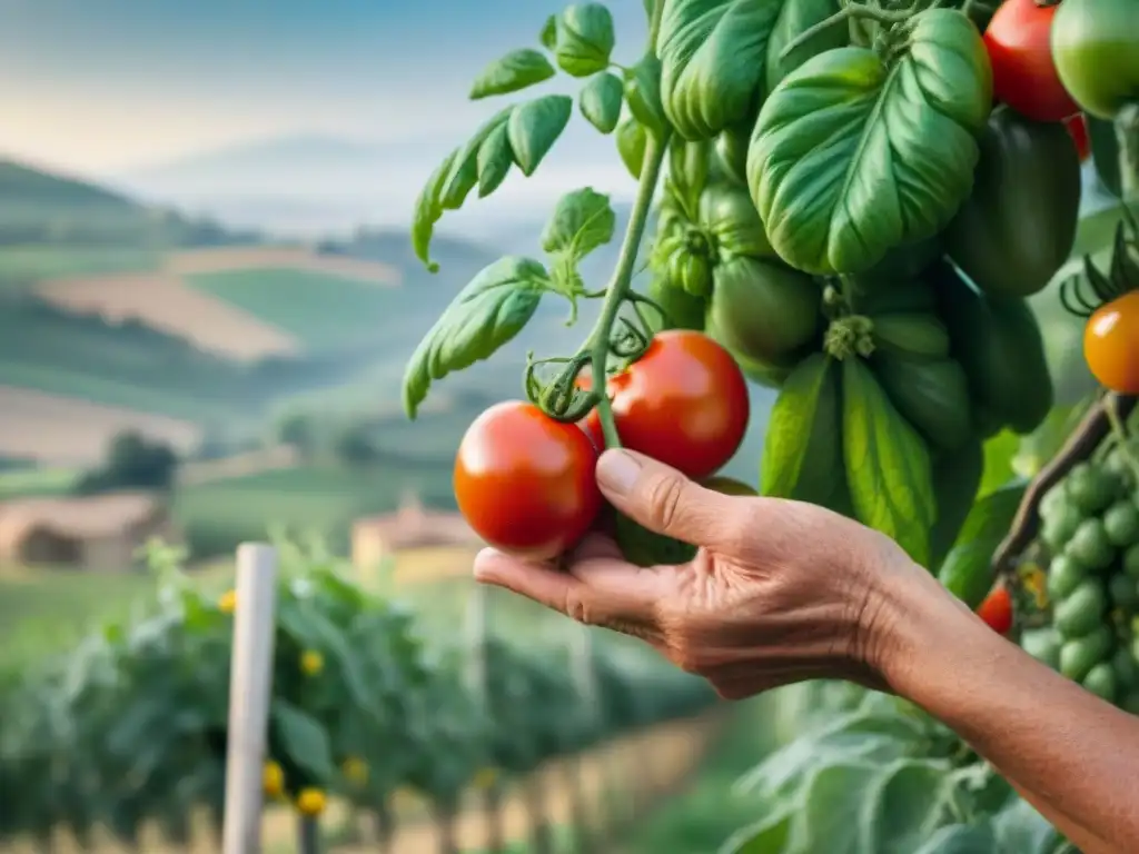 Manos ancianas cosechando tomates rojos en Italia, conectando con la tierra y la tradición