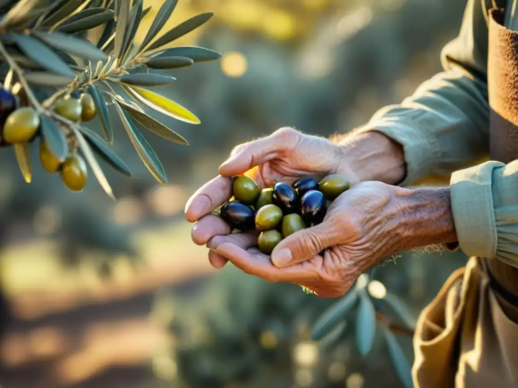 Manos de anciano recolectando aceitunas en Toscana, bajo el cálido sol dorado