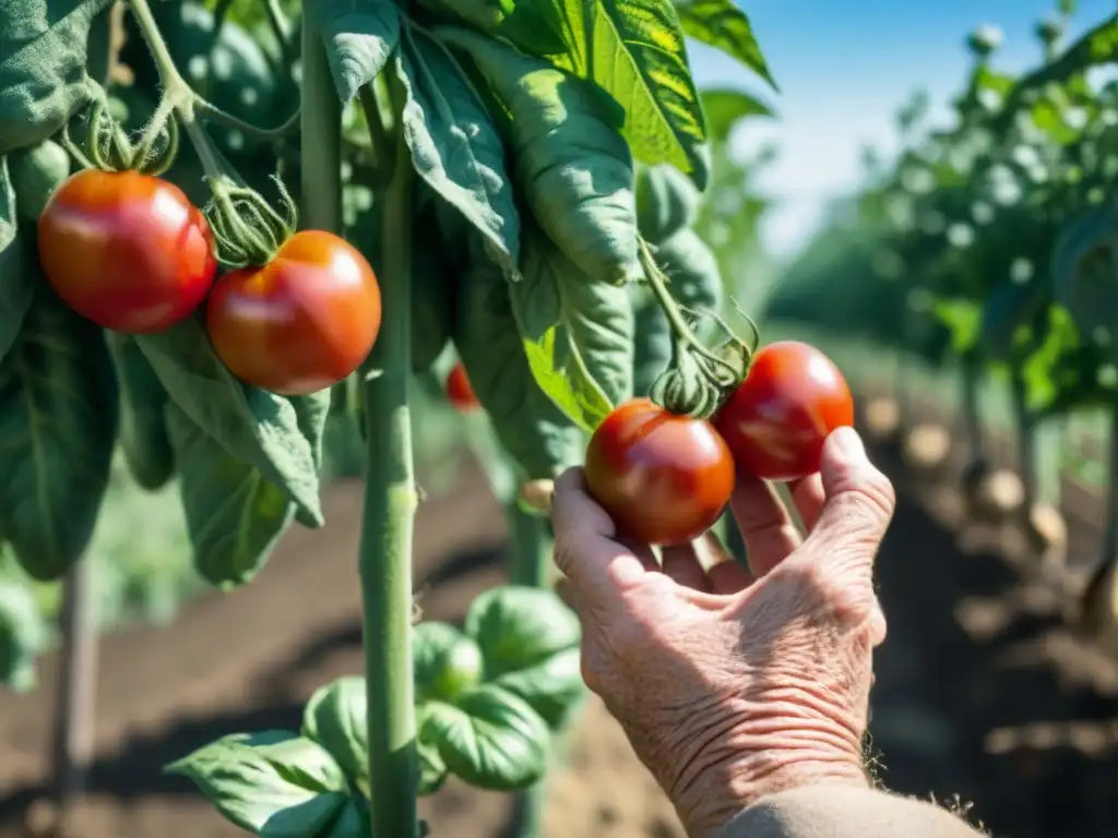 Manos de anciano agricultor italiano inspeccionando tomates San Marzano maduros en campo tradicional