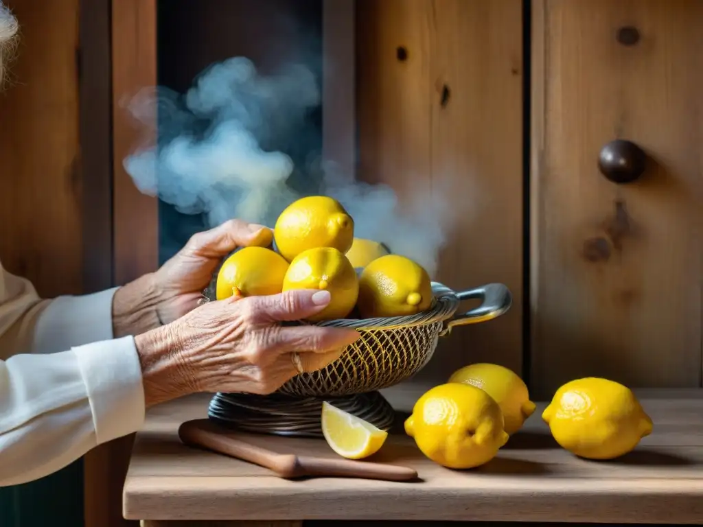 Manos arrugadas de una anciana italiana exprimen limones amarillos para el tradicional Limoncello