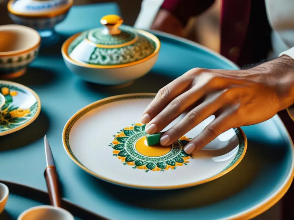 Manos de artesano pintando diseños italianos en plato de porcelana