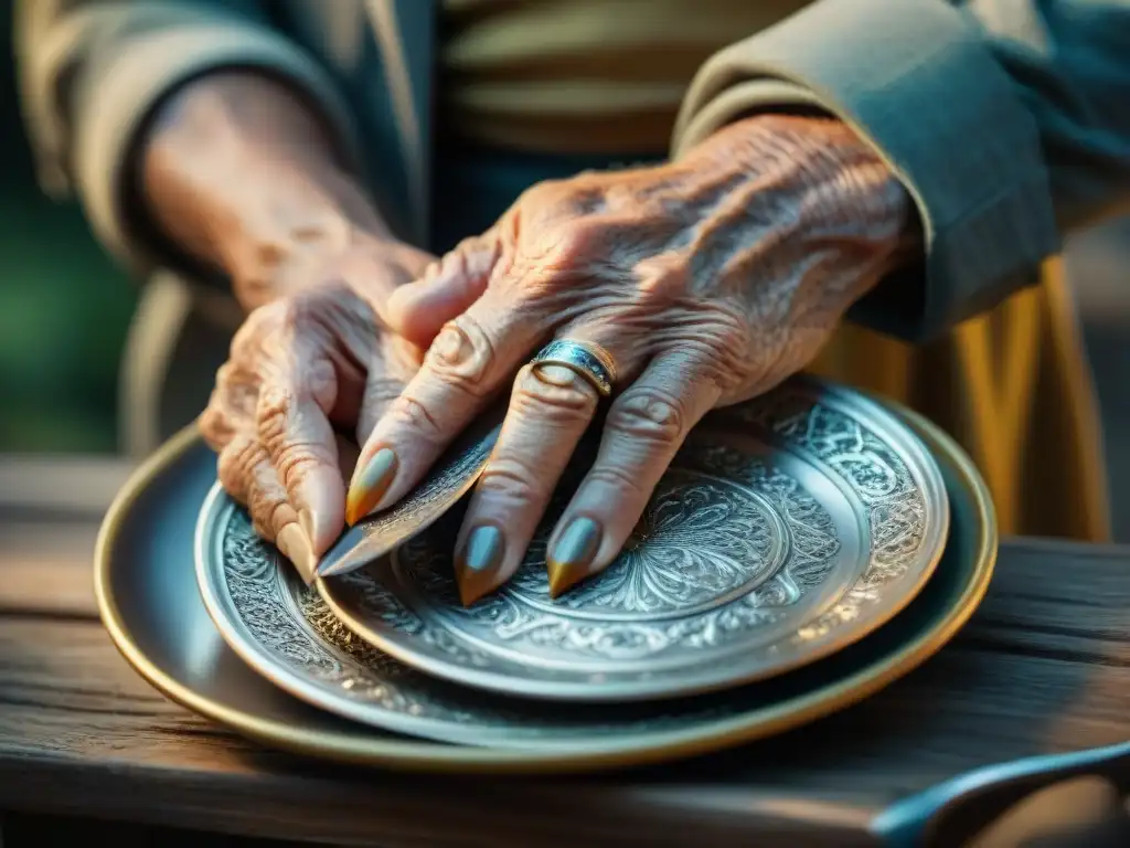 Manos de artesano italiano creando diseño en tenedor de plata, reflejando la tradición y pasión detrás de vajillas y cuberterías italianas duraderas