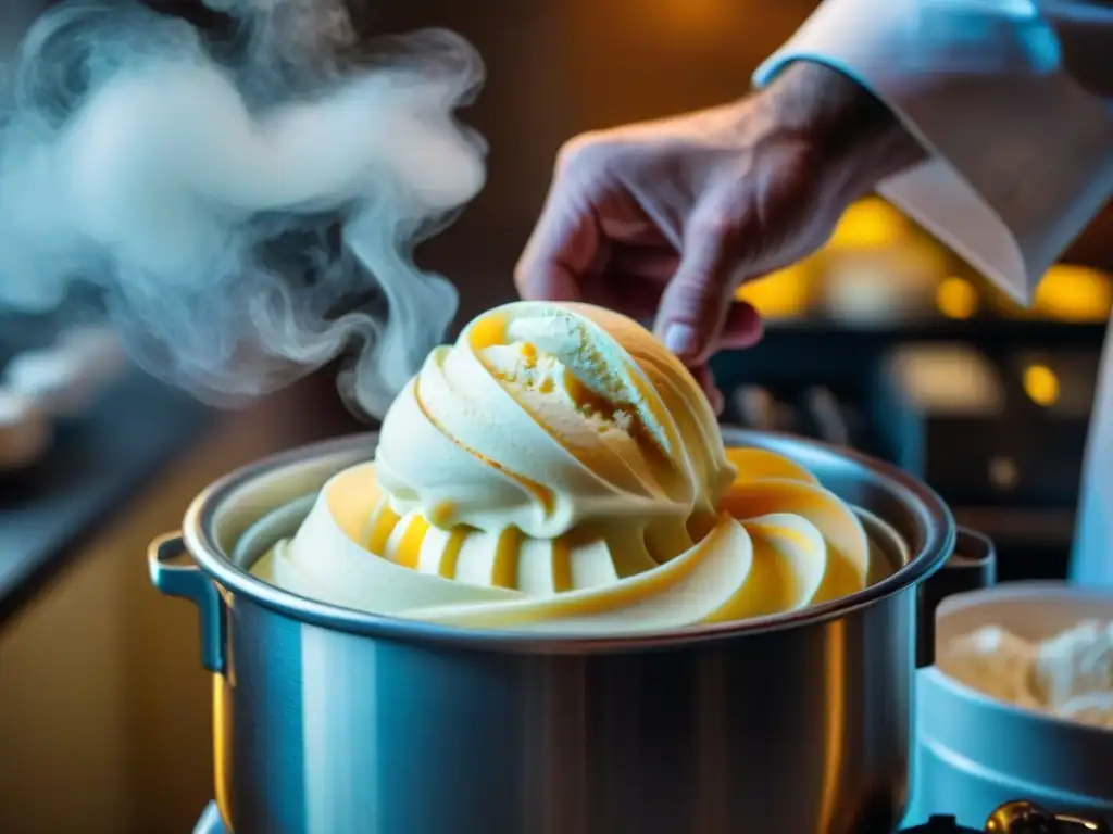 Manos de chef mezclando crema en máquina vintage, reflejando arte y tradición en la cocina italiana de mejor helado casero