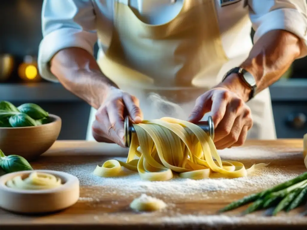 Las manos del chef experto amasan la masa de pasta fresca, en un entorno rústico con ingredientes frescos