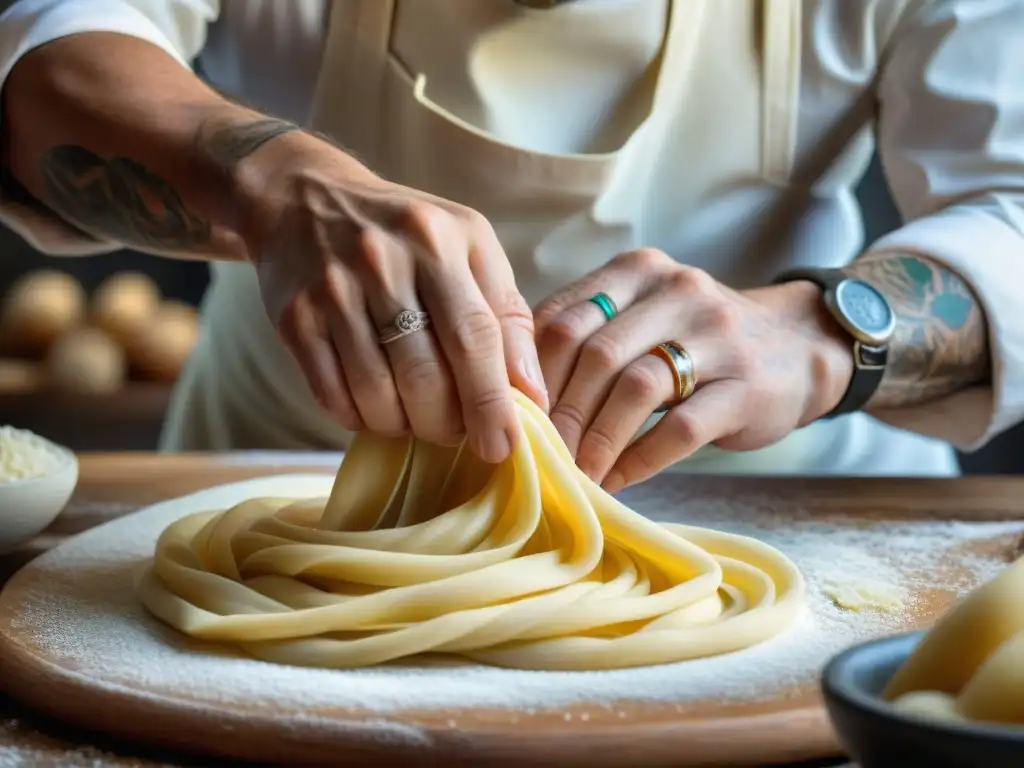 Maestría italiana: manos expertas en la creación de pasta fresca Manos de chef experto amasando masa para pasta fresca en detallado close-up