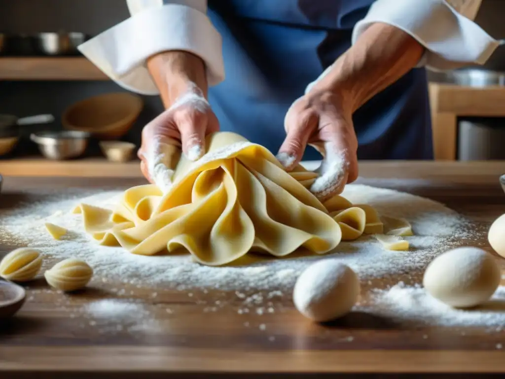 Manos de chef experto creando pasta fresca con meticulosidad