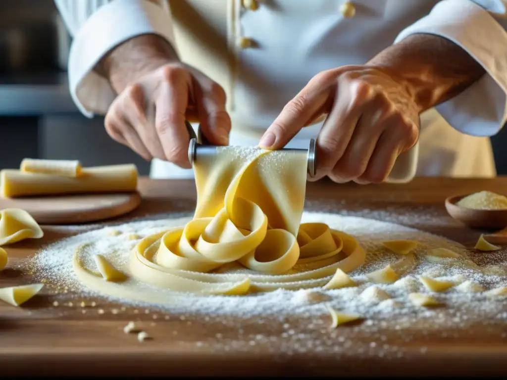 Manos de chef experto moldeando pasta fresca en tortellini, ravioli y farfalle, destacando las técnicas de cocina italiana avanzadas