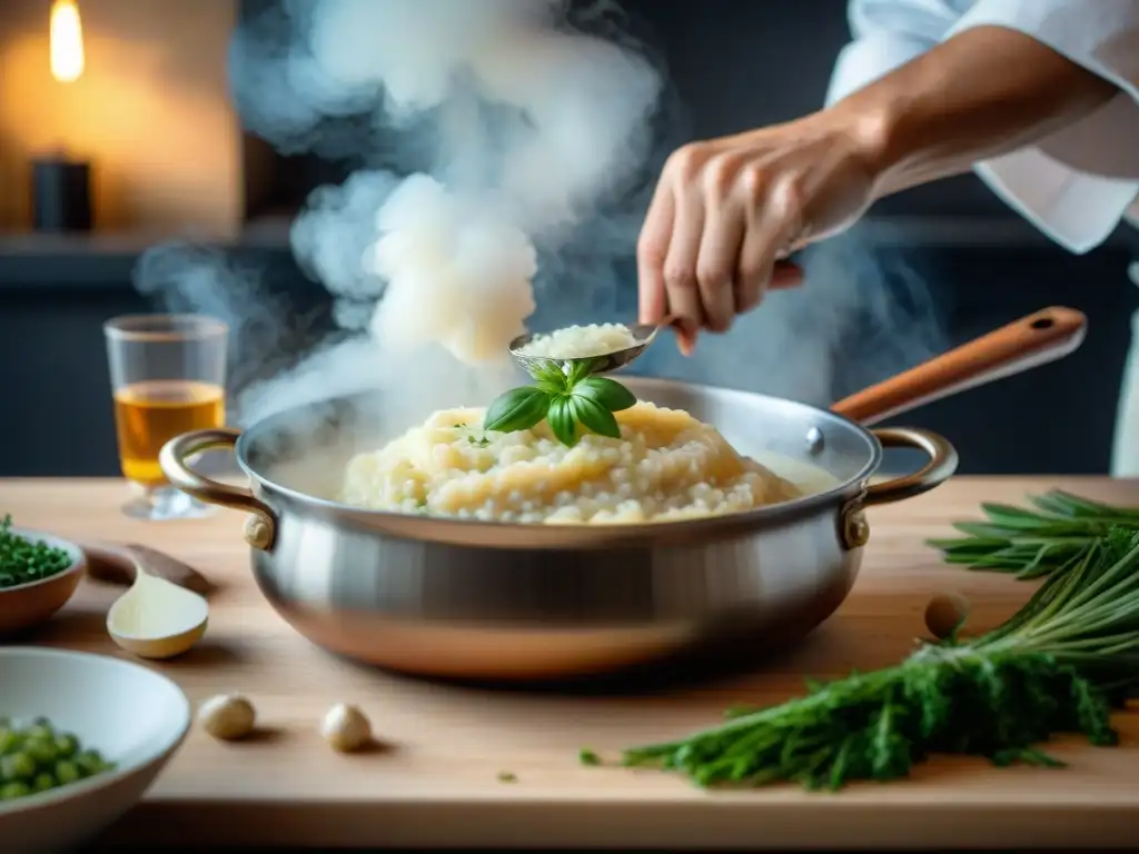 Las manos del chef experto remueven el risotto cremoso con maestría, revelando los Secretos del risotto perfecto