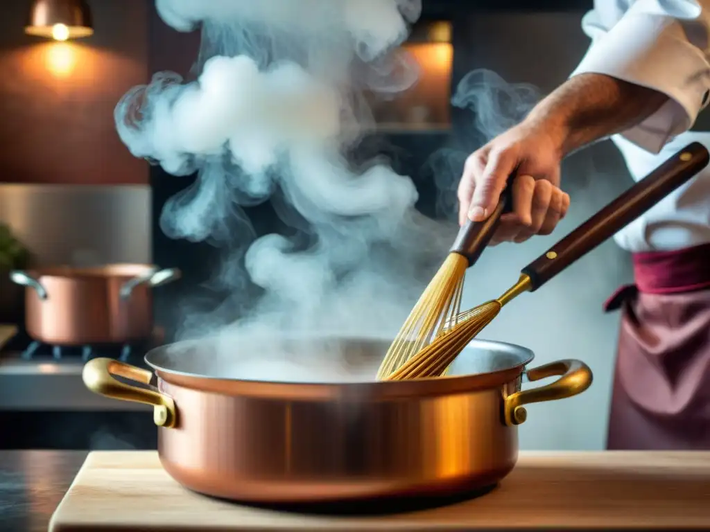 Manos de chef experto con varilla italiana creando salsa en olla de cobre