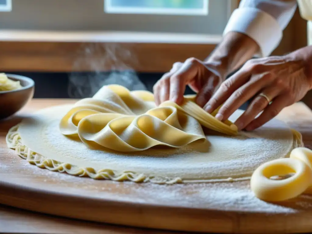 Las manos de un chef italiano experto moldeando la pasta fresca con destreza, destacando los Secretos de la pasta italiana