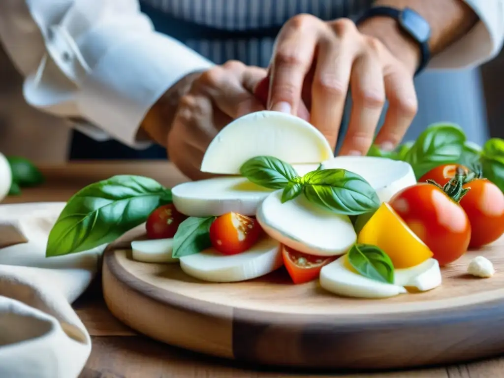 Manos de chef italiano experto preparando una tradicional ensalada Caprese