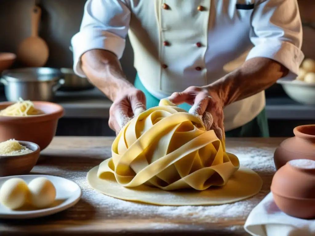 Manos de chef italiano moldeando masa fresca en mesa de madera con ollas de terracota