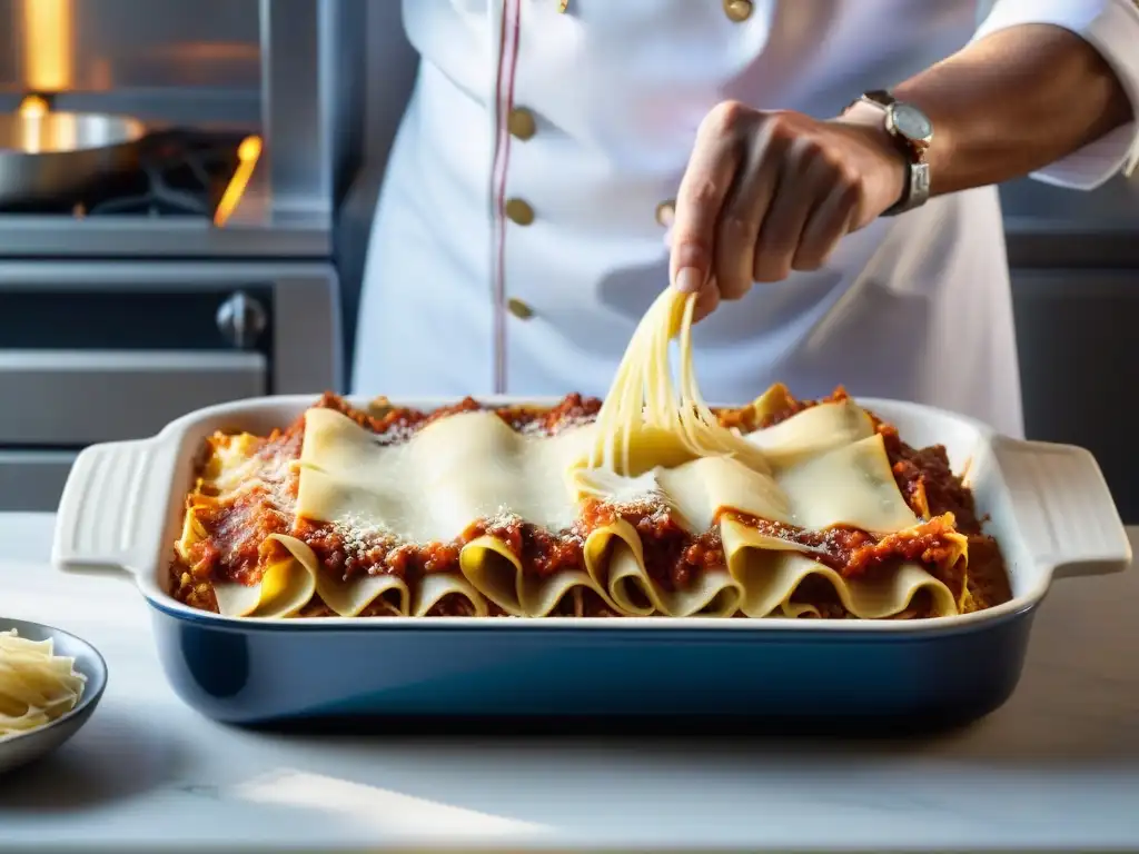 Manos de chef armando una lasaña tradicional con capas de pasta, salsa de carne, bechamel y queso