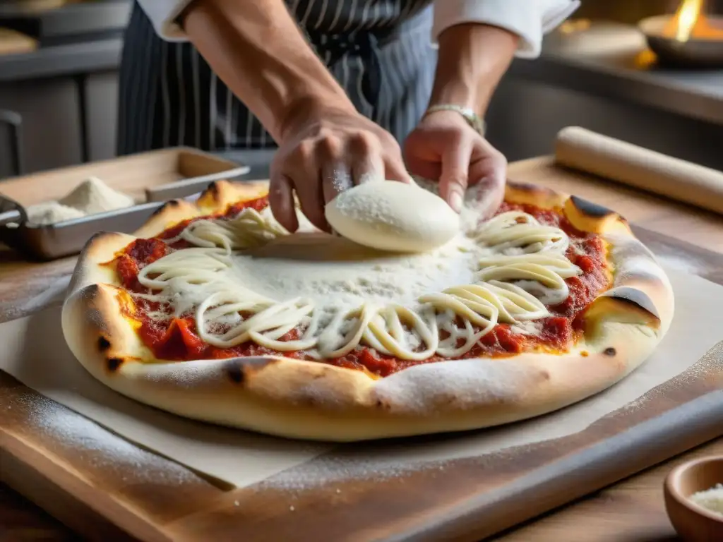 Manos de chef napolitano estirando masa de pizza, revelando trucos para la pizza perfecta