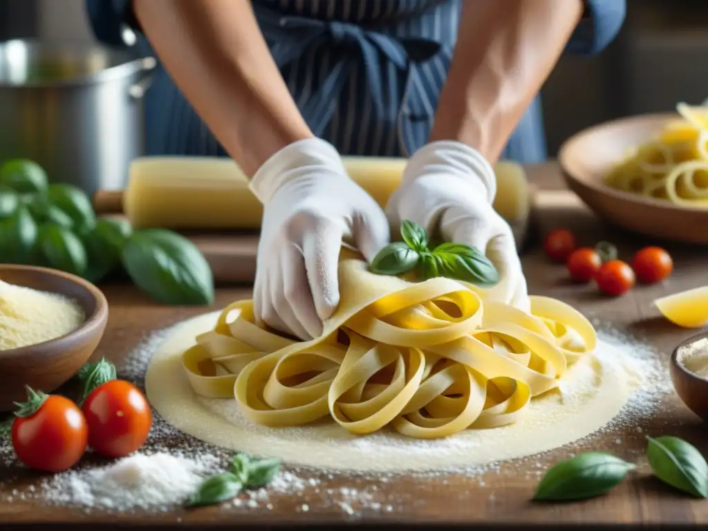 Manos de chef moldeando pasta fresca con productos DOP e IGP en cocina italiana