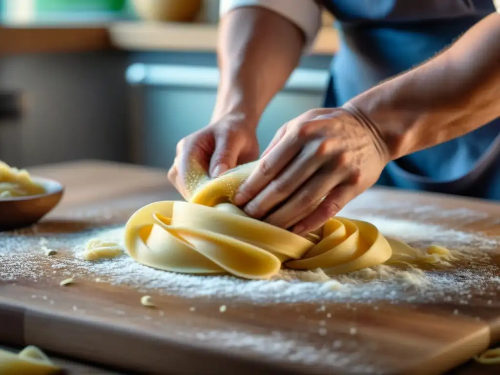 Manos de chef amasando pasta fresca para conservación adecuada