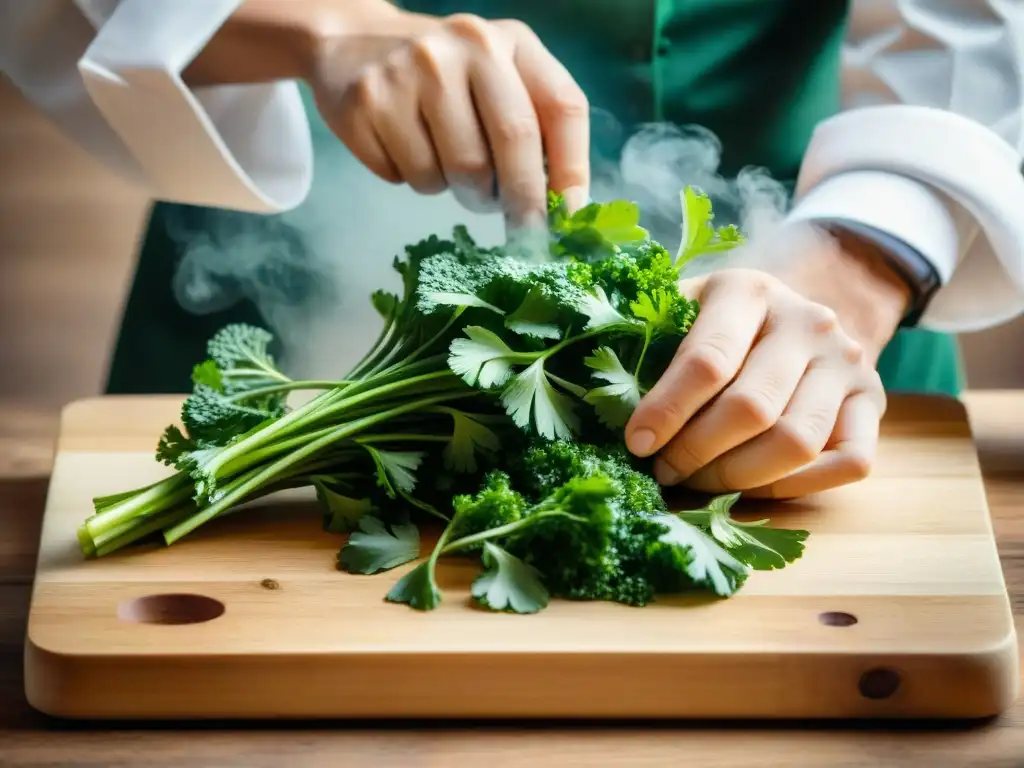 Las manos del chef cortan perejil fresco sobre tabla de madera, reflejando la esencia de la cocina italiana con Usos del perejil en cocina italiana