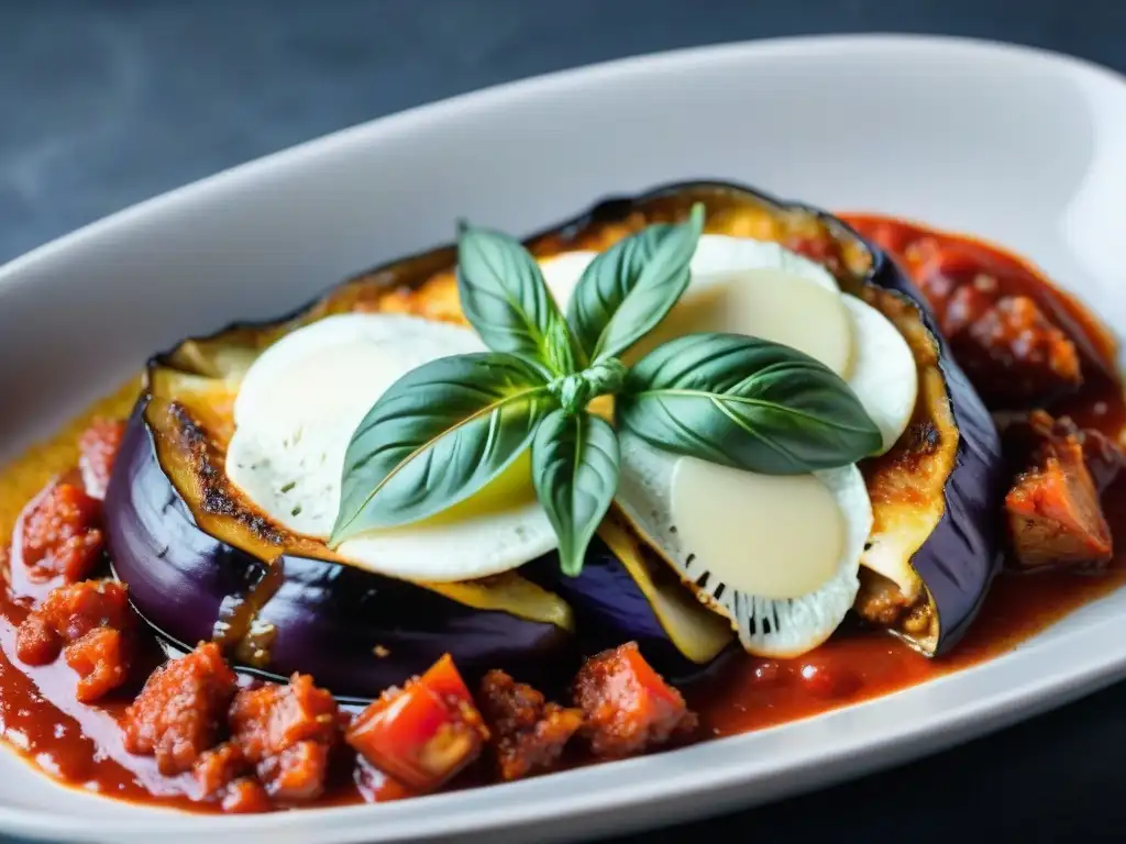 Las manos de un chef armando una receta tradicional parmigiana de berenjena