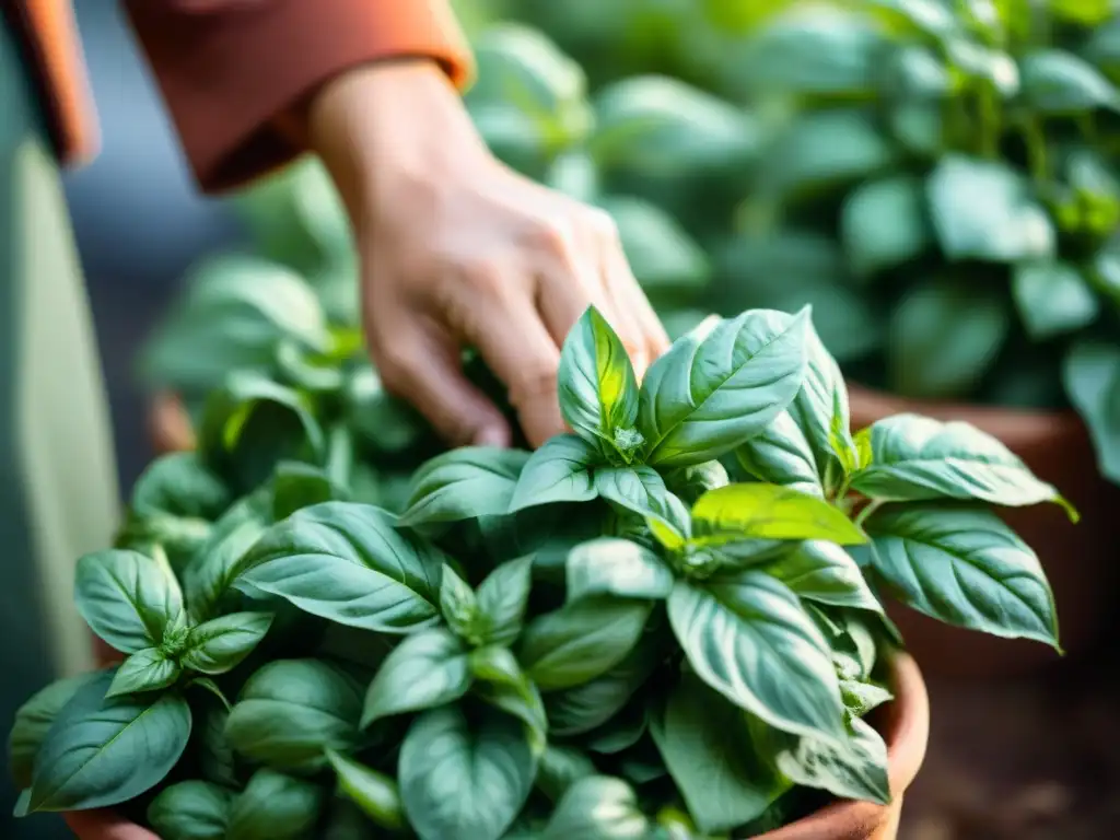 Manos cuidadosas recolectan hojas de albahaca fresca en campos de Génova, Italia