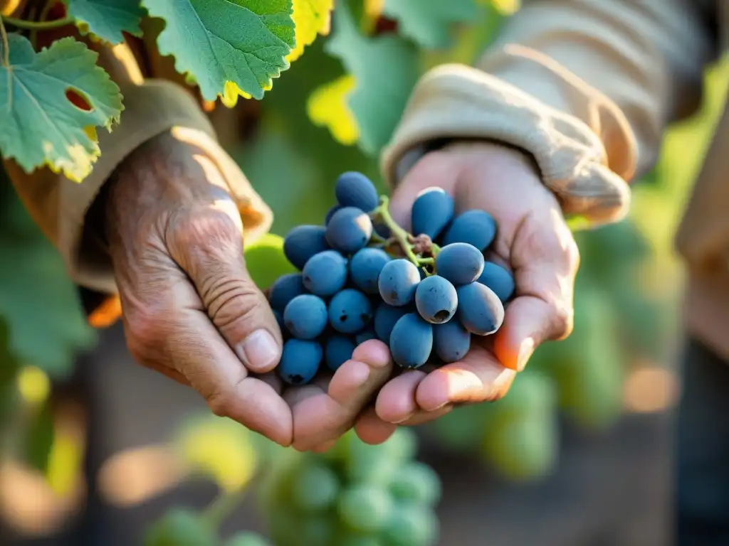 Detalles íntimos: manos de viticultor italiano y uva fresca Manos curtidas de un viticultor italiano sosteniendo una uva fresca, iluminadas naturalmente