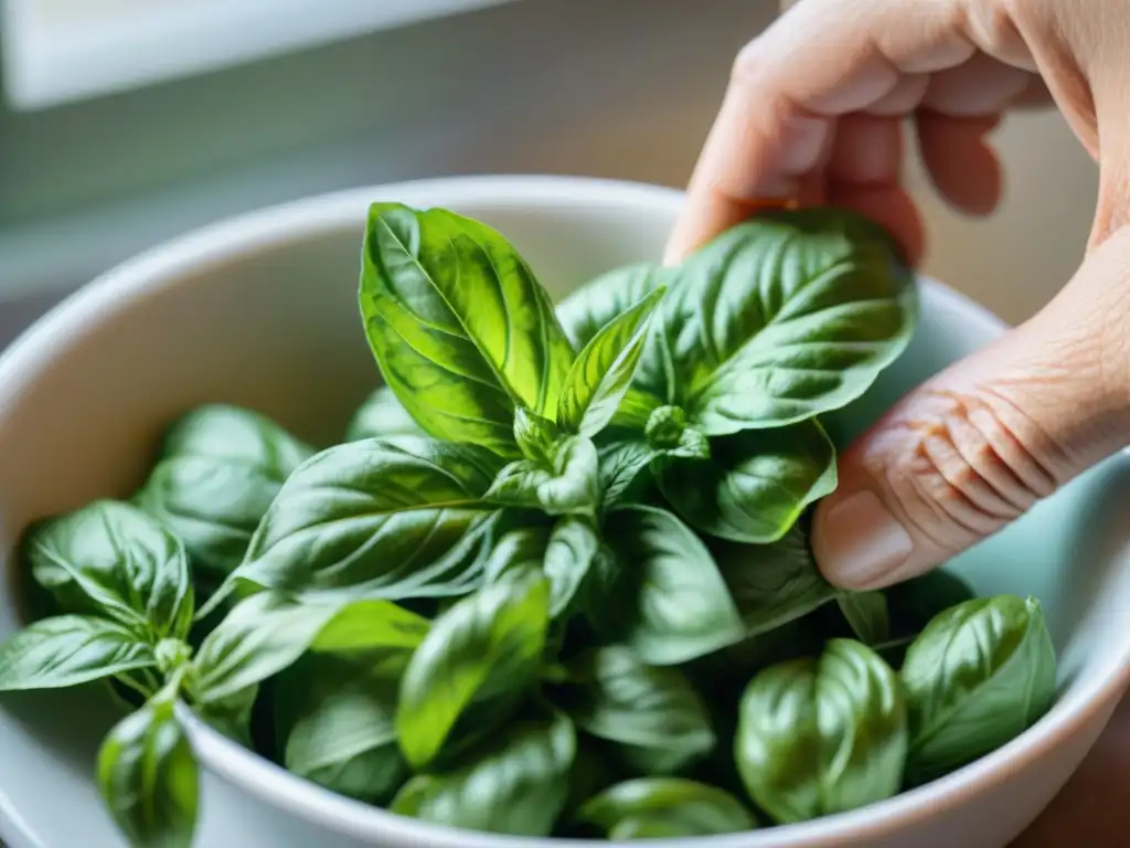 Manos delicadas recolectando hojas de albahaca, resaltando frescura para recetas veganas de pesto italiano