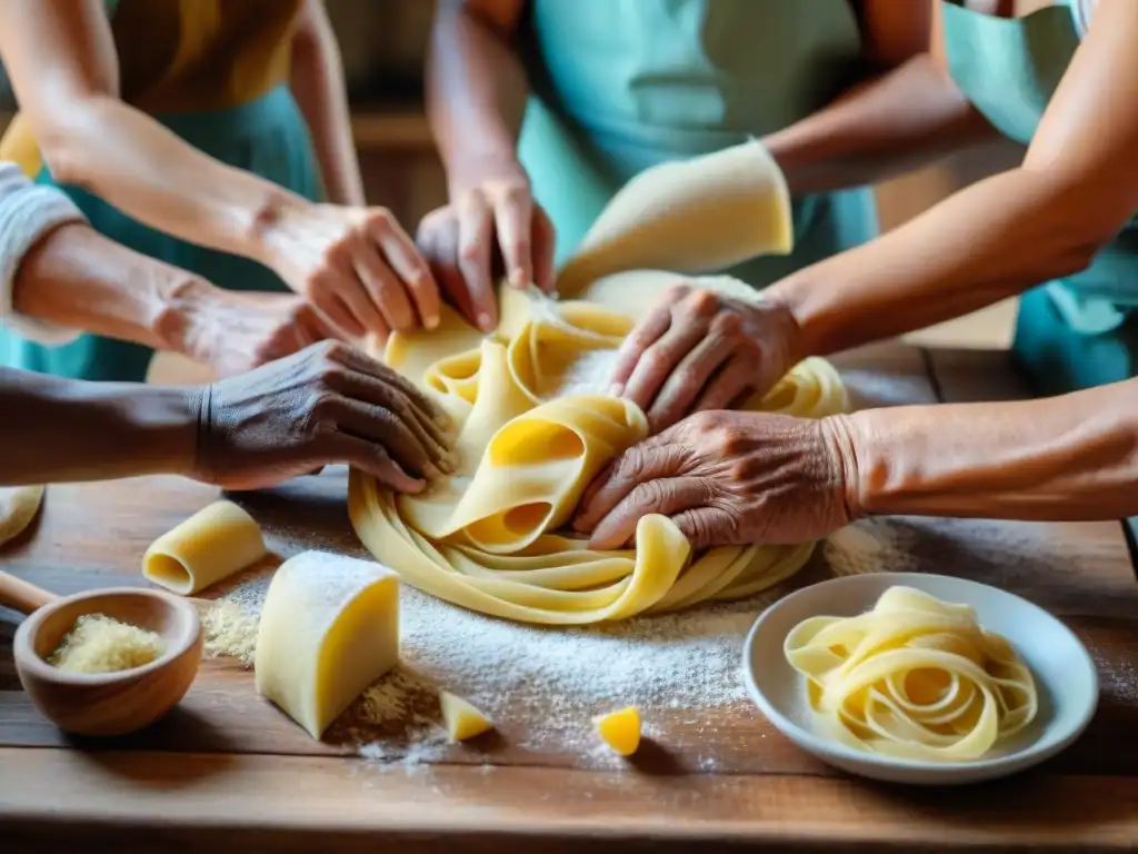 Varias manos diversas unidas amasan pasta fresca en una mesa rústica, mostrando texturas y patrones