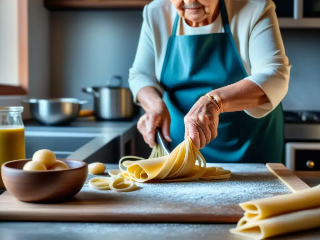 Manos expertas de abuela italiana amasando pasta en cocina moderna fusionando tradición con innovación