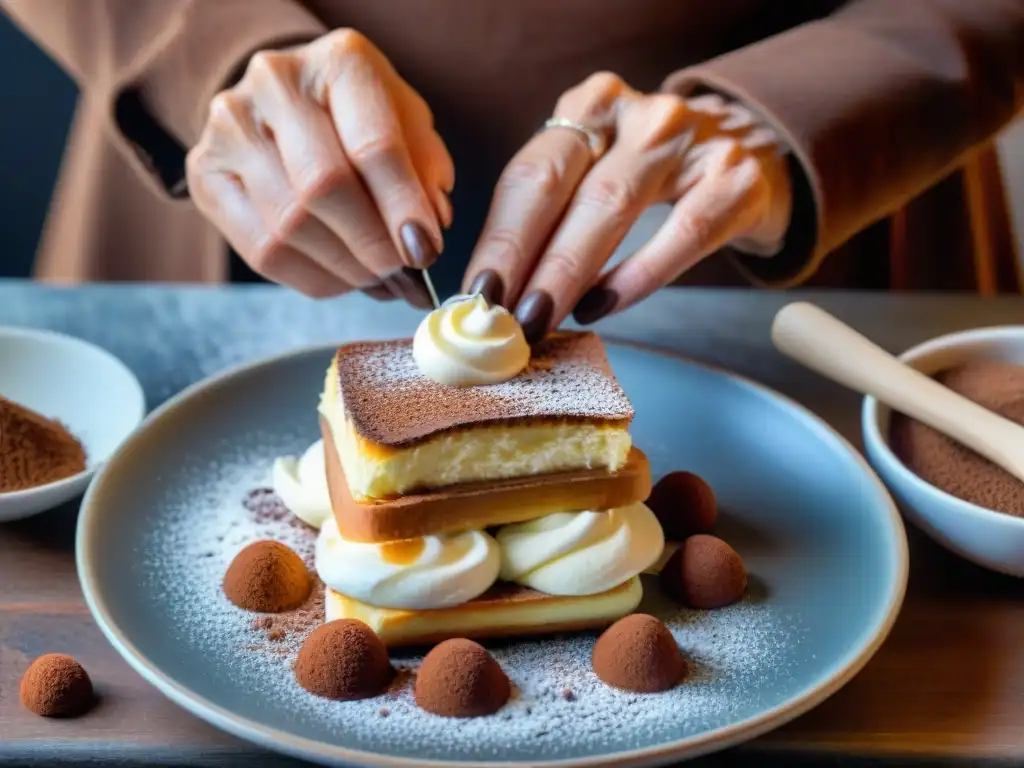 Manos expertas de una abuela italiana creando auténtico Tiramisú: origen y receta auténtica tiramisú