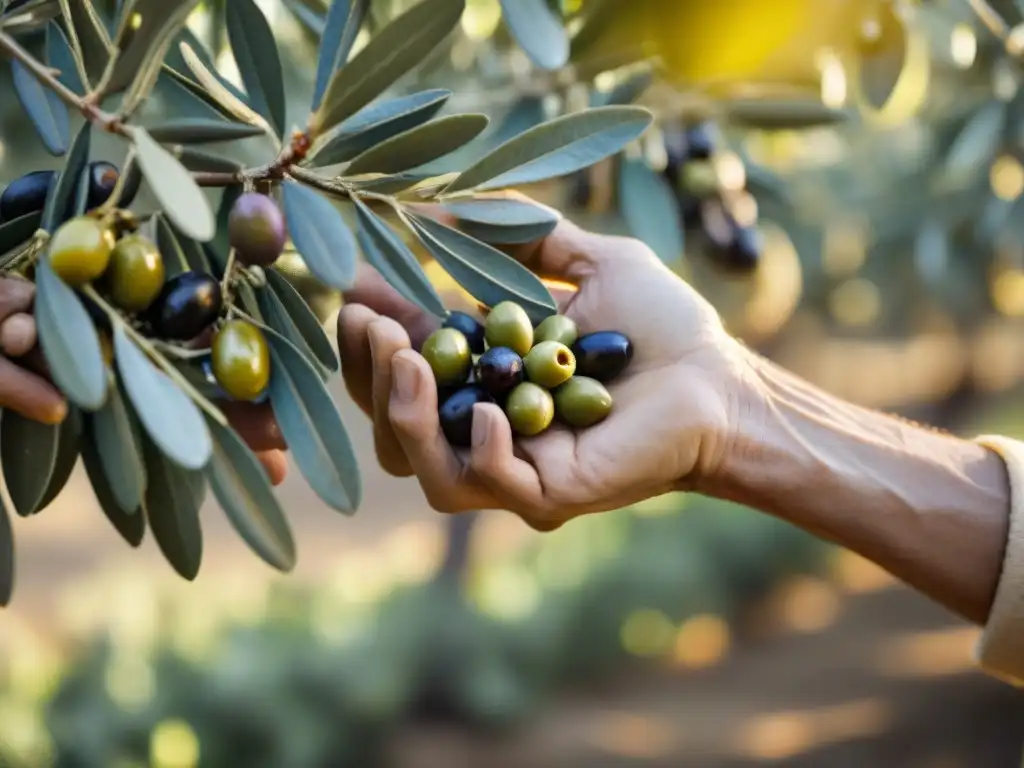 Manos expertas recogiendo aceitunas en Italia, tradición y pasión por el aceite de oliva