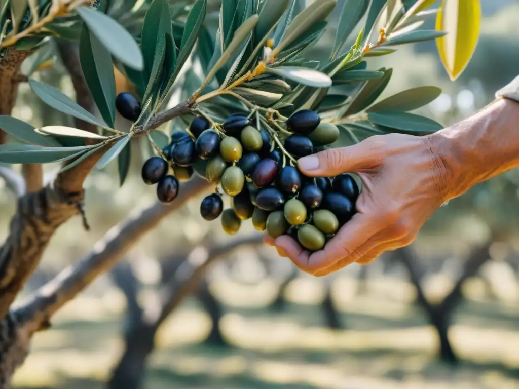 Manos expertas recolectando aceitunas en un olivar de Puglia