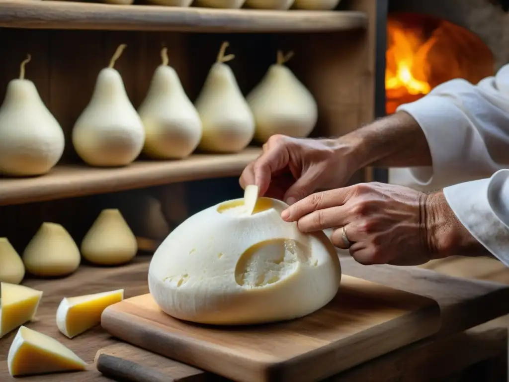 Manos expertas moldeando Scamorza ahumada en taller de cocina italiana