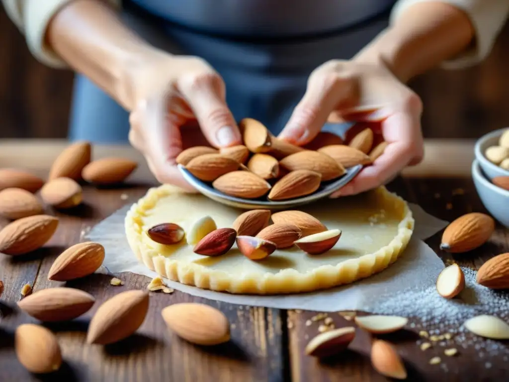 Manos expertas desmigajando almendras para la receta de sbrisolona de almendras