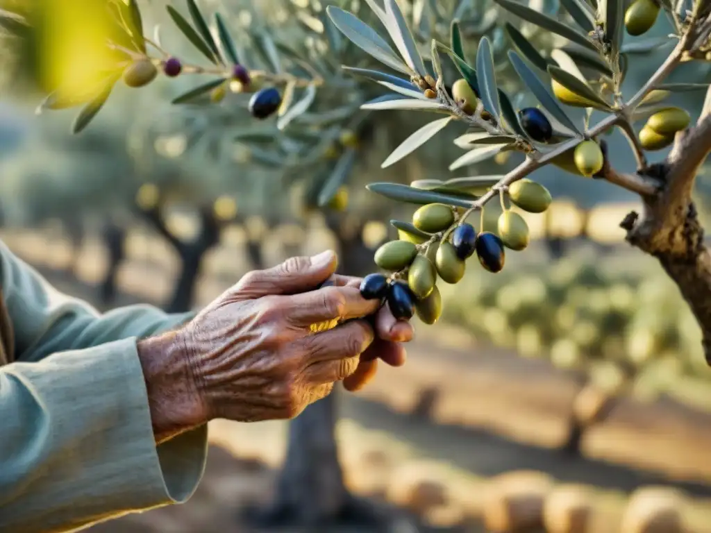 Manos expertas de un anciano recolectando aceitunas en campo de olivos italiano bajo el sol mediterráneo, tesoros escondidos aceite oliva italiano