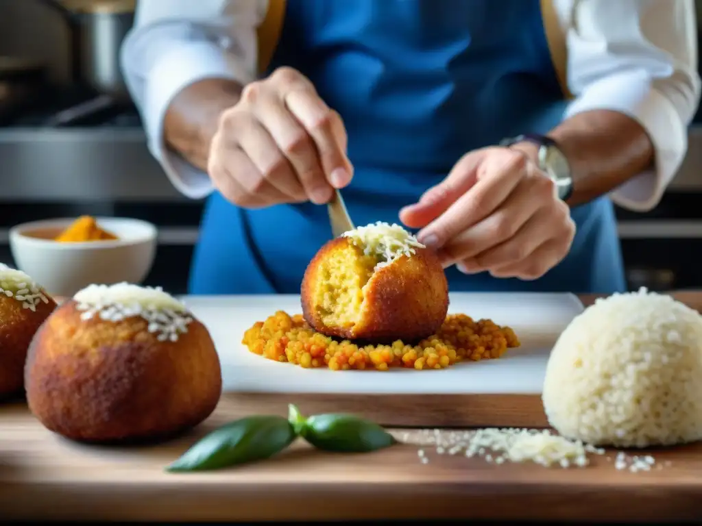 Manos expertas moldeando arancini de setas vegetarianos en una bulliciosa cocina