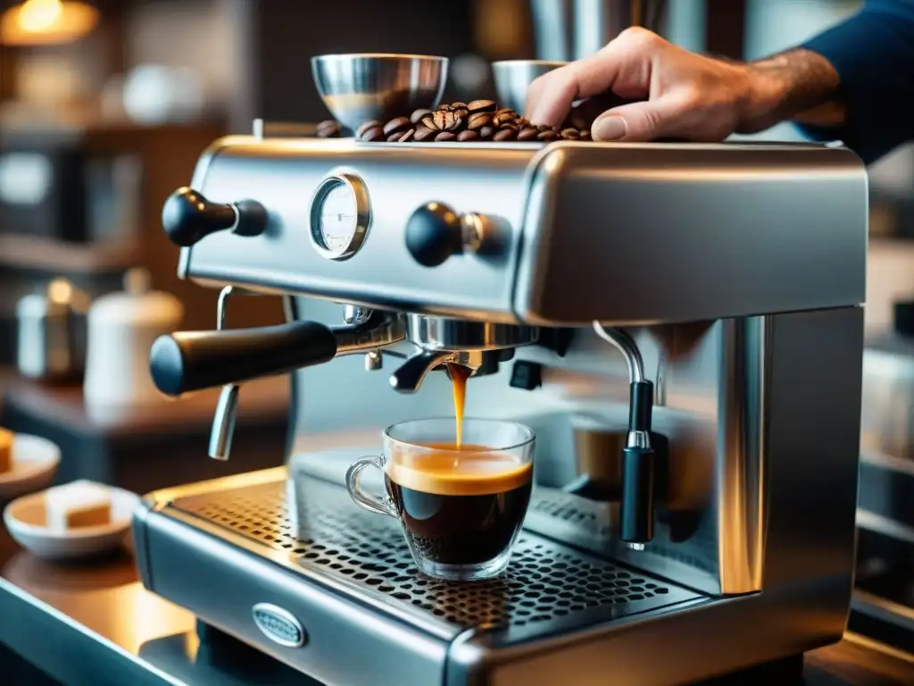 Las manos expertas de un barista preparando un espresso italiano en una máquina vintage, con vapor y estanterías de granos de café de Italia