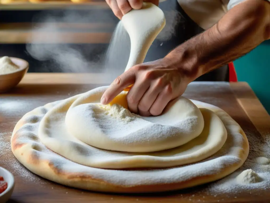 Manos expertas crean la base perfecta para pizza napolitana