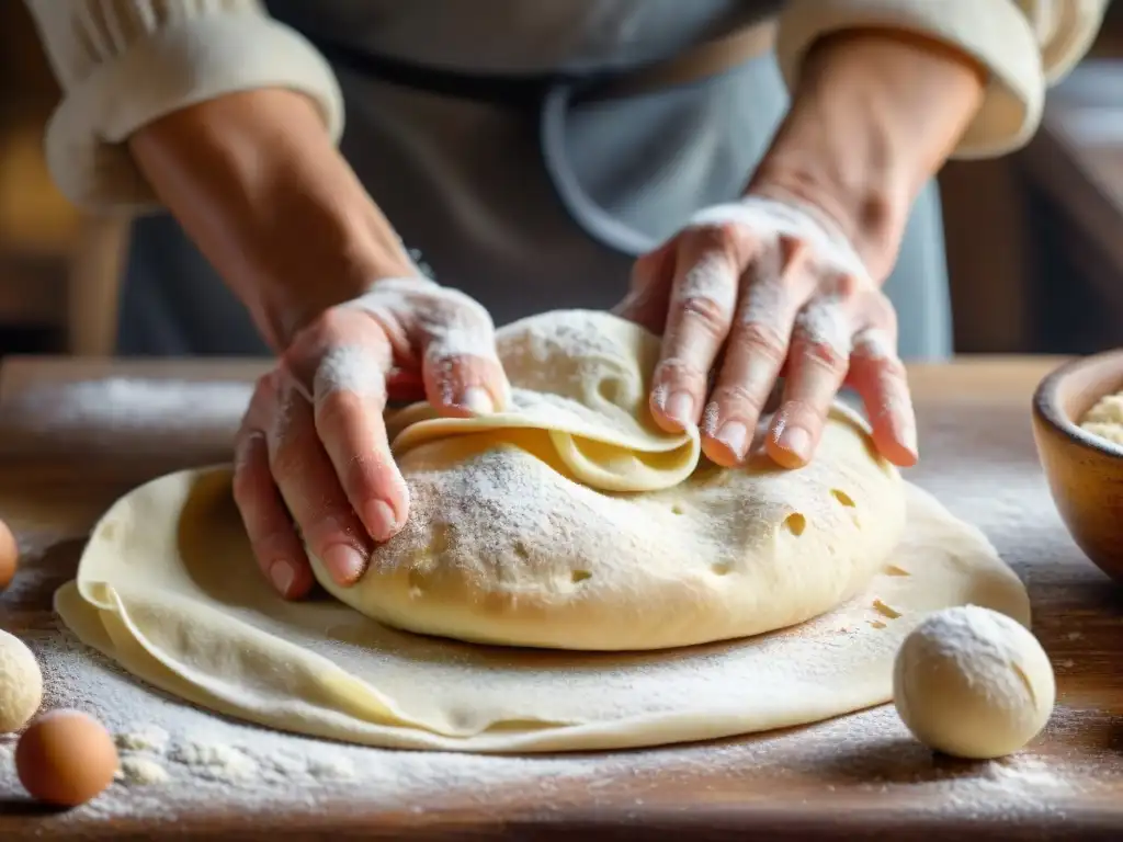 Unas manos expertas amasan una bola de masa para Piadina Romagnola en una superficie de madera rústica, iluminadas por la luz del sol