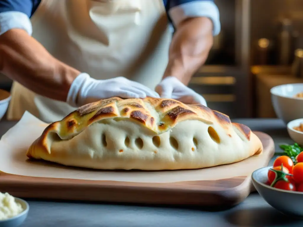 Unas manos expertas doblan y sellan un calzone casero, mostrando la receta casera calzone relleno con detalle y destreza