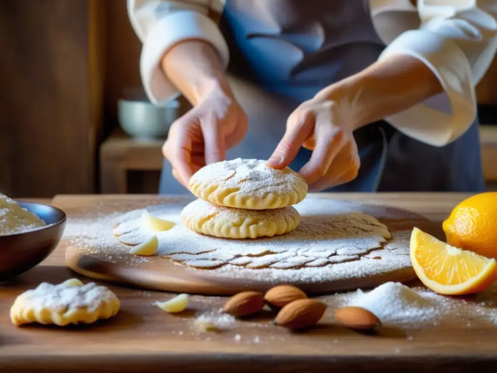 Las manos expertas de un chef dan forma a los tradicionales ricciarelli de almendra en una cocina rústica