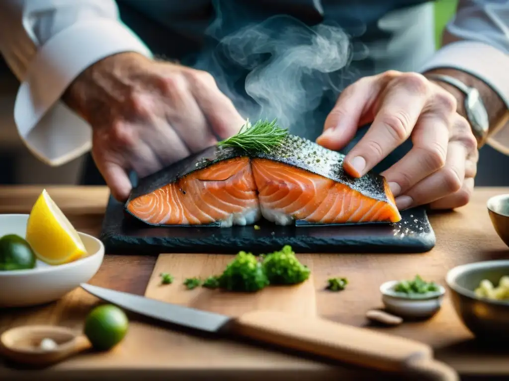 Manos expertas de chef deshuesando salmón fresco, reflejando tradiciones culinarias del norte con destreza