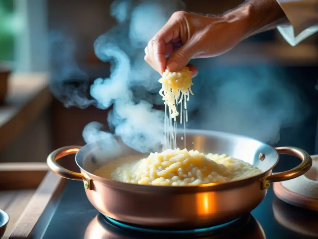 Las manos expertas de un chef italiano removiendo risotto en una olla de cobre