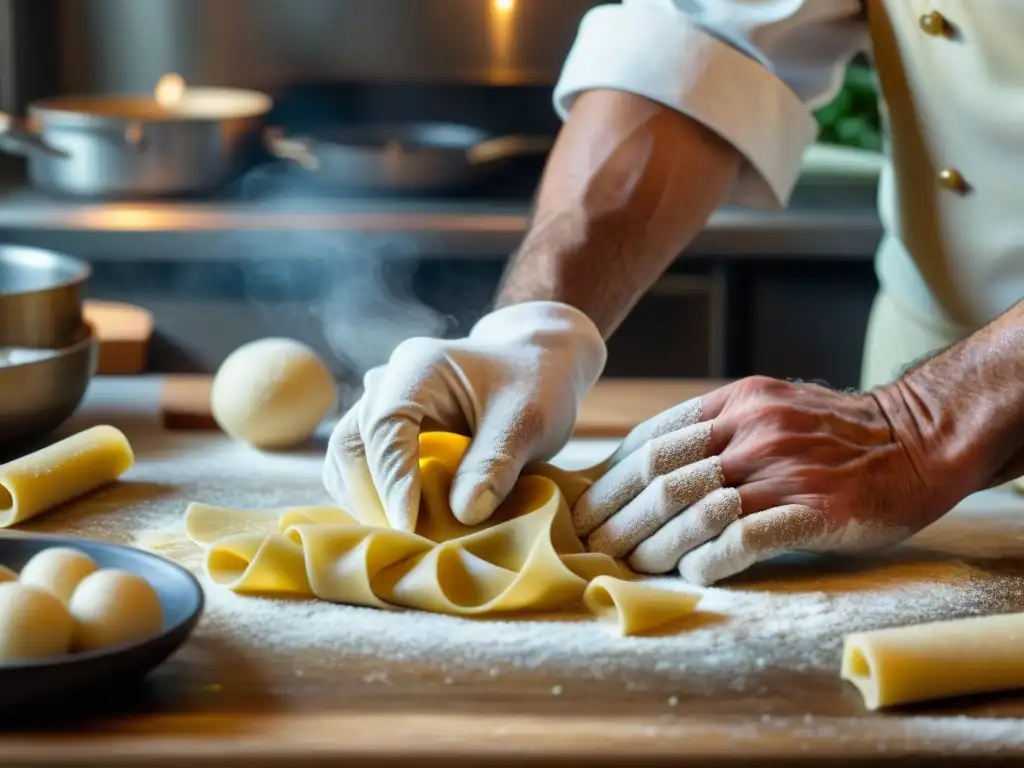 Manos expertas de chef italiano moldeando pasta fresca con precisión