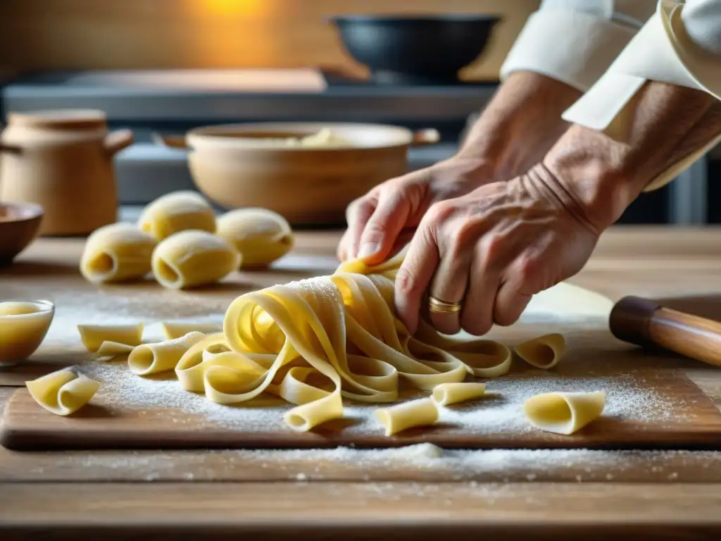 Manos expertas de chef italiano aficionado amasando pasta en encimera de madera con accesorios cocina italiana