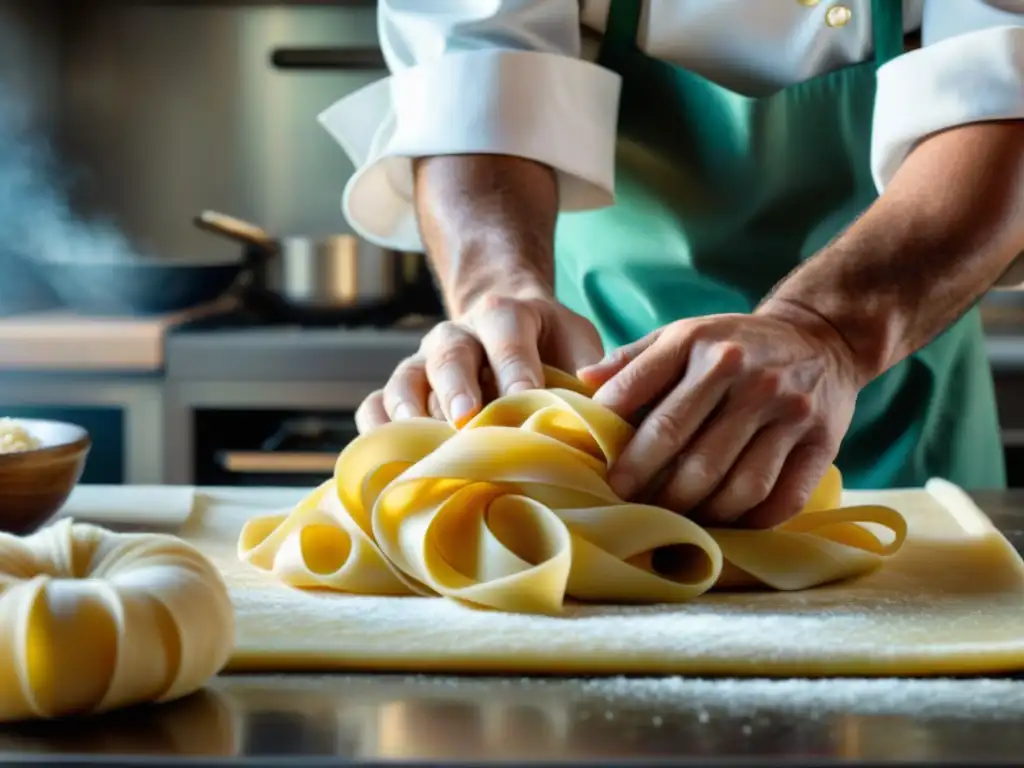 Las manos expertas de un chef amasando masa fresca, mostrando la tradición y la dedicación de la cocina italiana