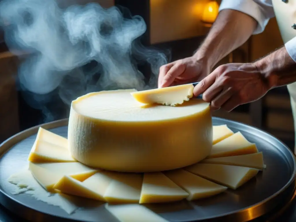 Las manos expertas de un chef cortando Parmigiano Reggiano, resaltando la cocina molecular queso italiano