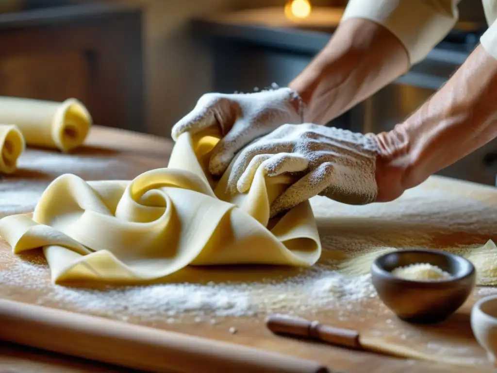 Manos expertas en la cocina italiana elaborando pasta fresca, revelando los secretos de la cocina italiana en un ambiente rústico